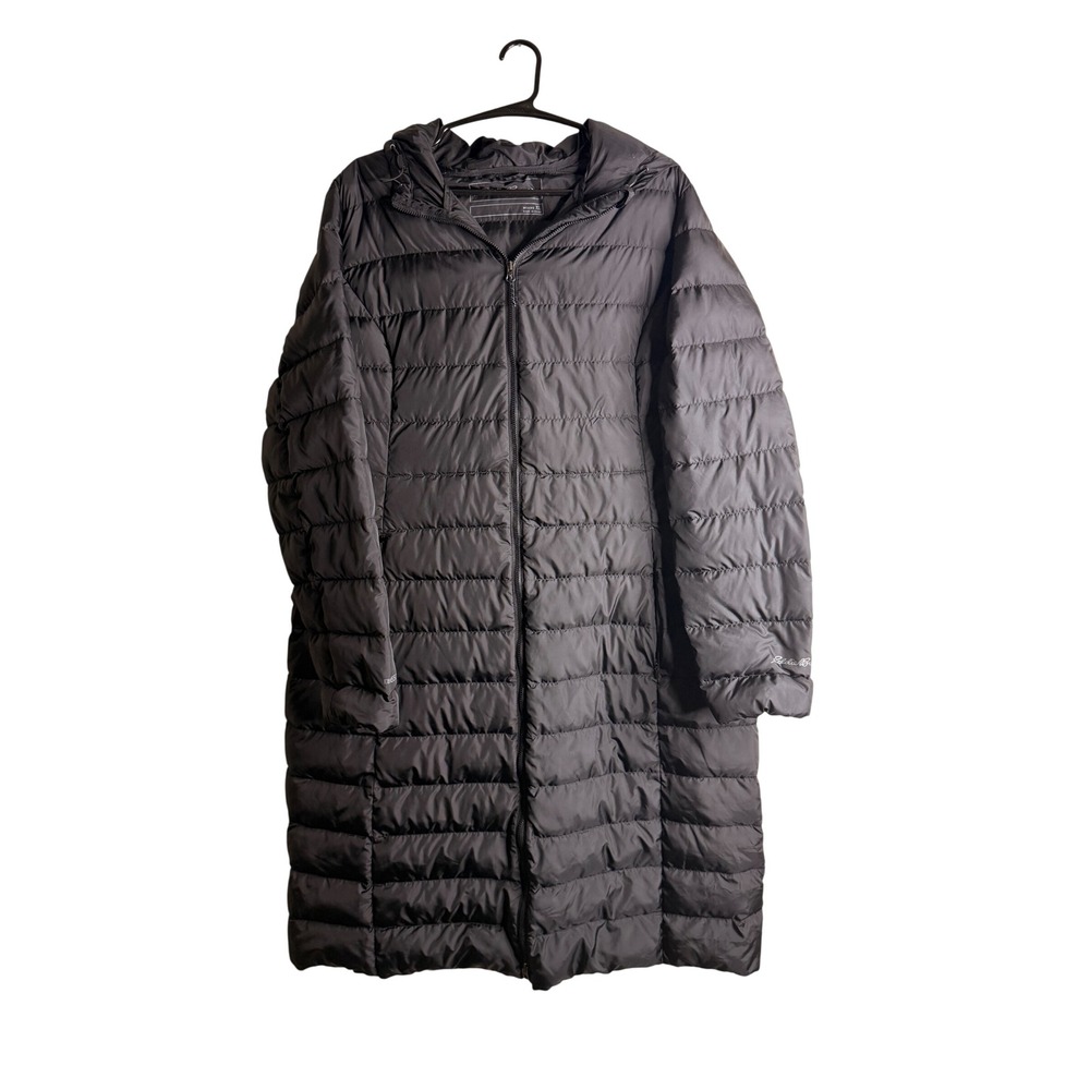 Eddie Bauer Down Duffle Parka Coat XL Black Long Winter Puffer Hooded Gorpcore